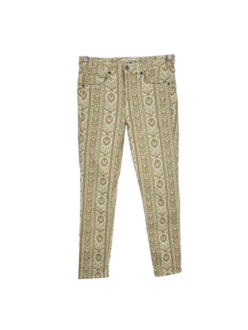 Nili Lotan Size 27 Skinny Jeans Damask Boho Designer Quiet Luxury Gold Khaki
